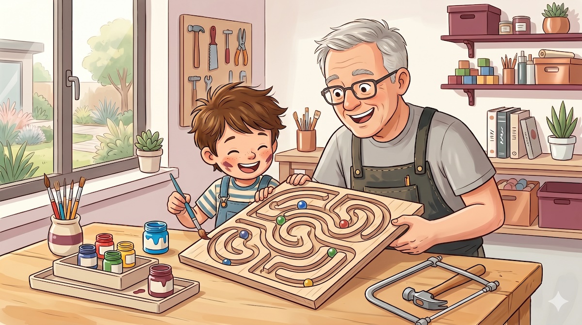 Opa und Enkel spielen mit einem selbst gebauten Kugel-Labyrinth aus Holz