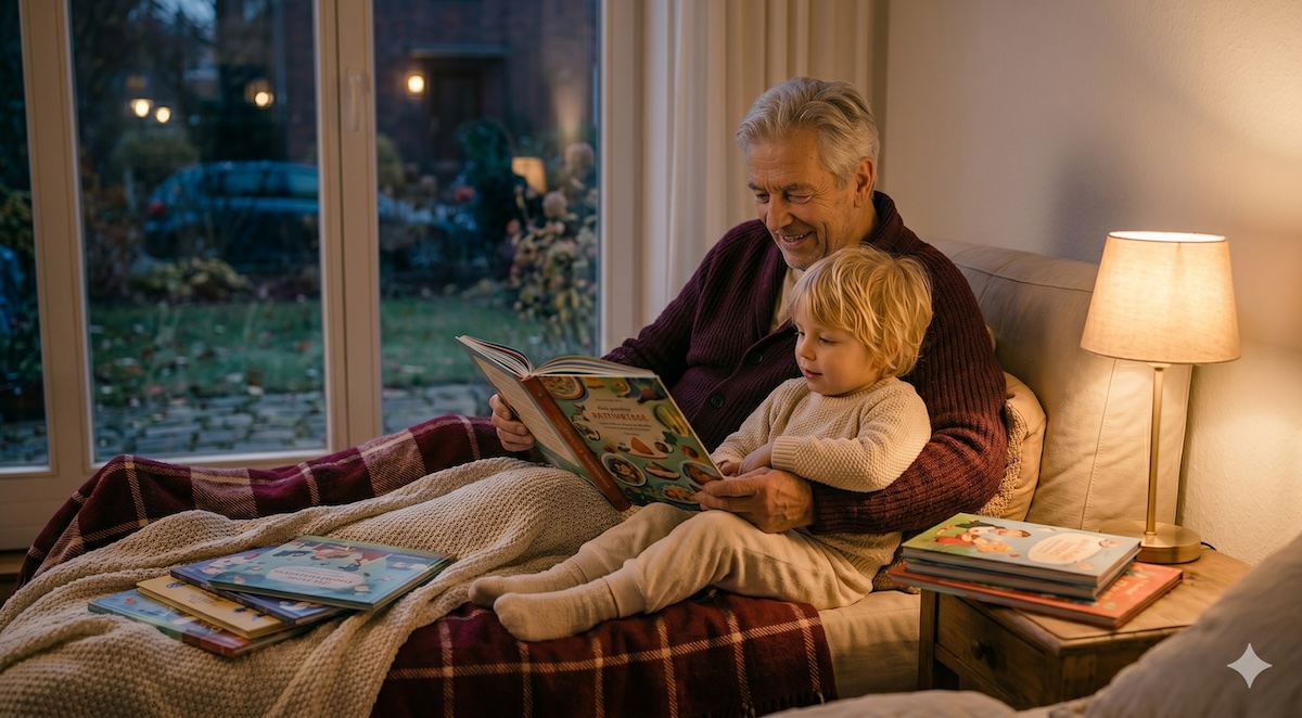 Vorlesebücher für Kinder – Großeltern lesen dem Enkelkind eine Gute-Nacht-Geschichte vor