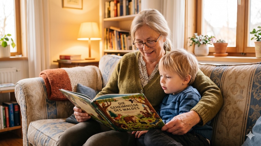 Oma liest dem Enkelkind auf dem Sofa vor – Vorlesen fördert Sprache und Konzentration