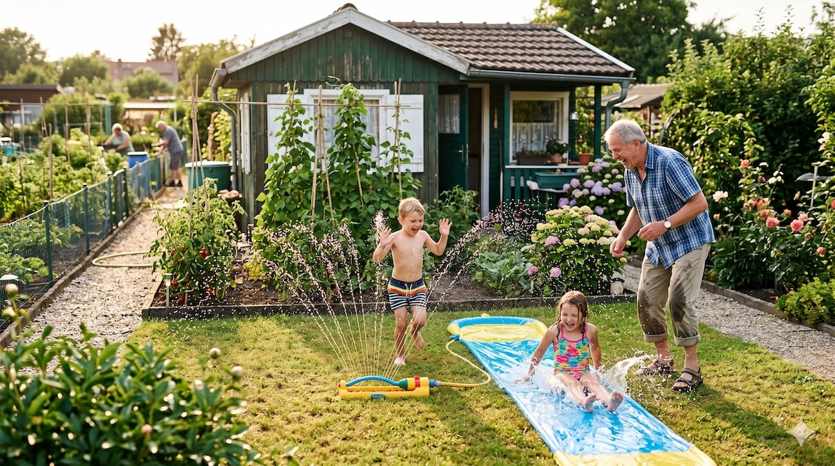 Opa und Enkel beim Wasserspiel im sommerlichen Schrebergarten der Großeltern
