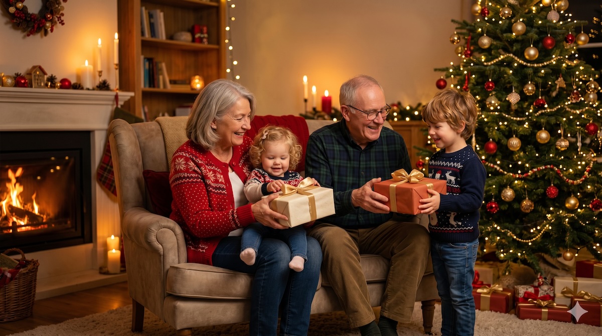 Weihnachtsgeschenke für Enkelkinder von Oma und Opa unter dem Christbaum