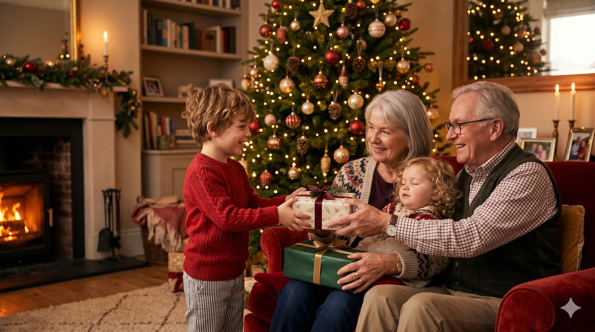 Weihnachtsgeschenke für Großeltern – Enkelkind beschenkt Oma und Opa unter dem Christbaum
