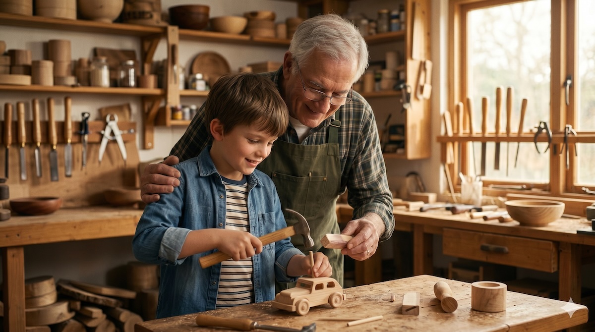 Werken mit Kindern – Opa und Enkel arbeiten gemeinsam an der Werkbank