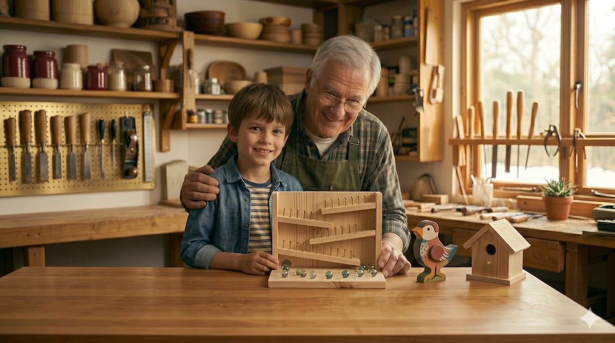 Werkprojekte mit Kindern – Opa und Enkel mit fertigen Holzprojekten auf einer aufgeräumten Werkbank