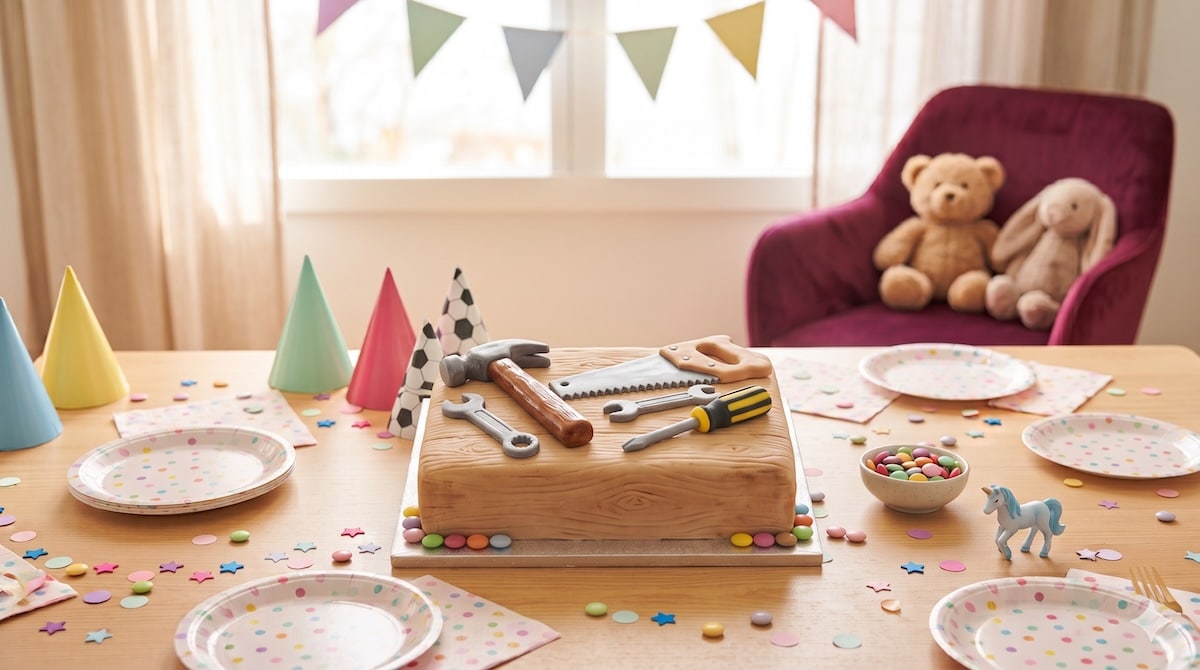 Selbstgemachter Werkzeug-Kuchen mit essbaren Werkzeugen aus Teig