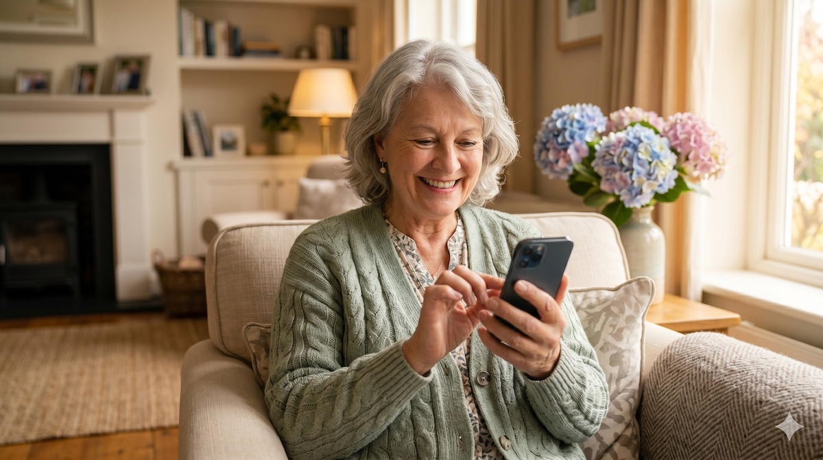 Oma richtet lächelnd ihr Smartphone ein – WhatsApp-Anleitung für Senioren