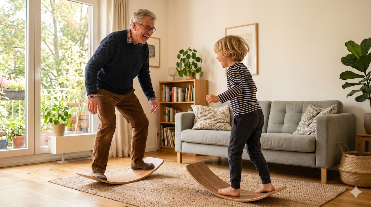 Opa und Enkel trainieren gemeinsam auf Balance-Boards