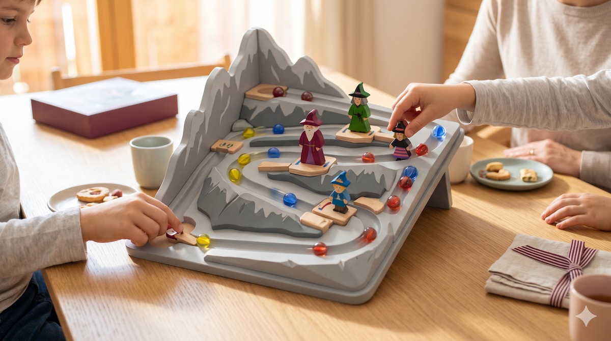 Das Brettspiel Der Zauberberg mit Spielfiguren und Irrlichtern