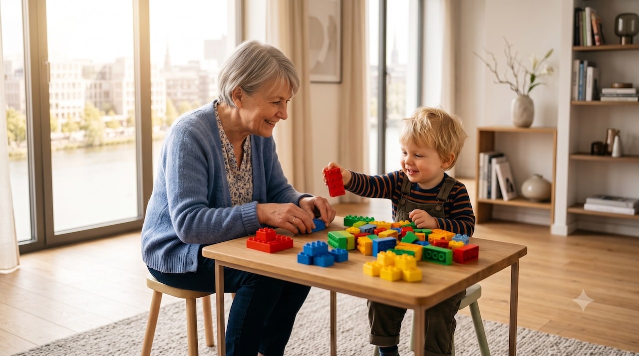 Oma und Kleinkind sortieren gemeinsam bunte DUPLO-Steine nach Farben.