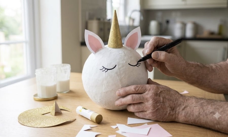 Mit schwarzem Stift werden geschlossene Einhorn-Augen mit Wimpern auf die Pappmaschee-Kugel gemalt, Horn und Ohren sitzen bereits
