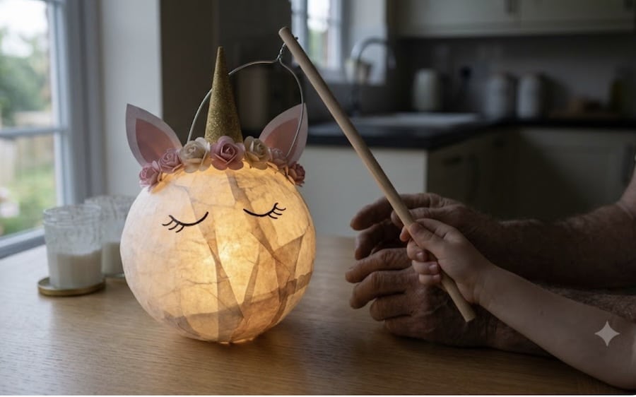 Die fertige leuchtende Einhorn-Kugellaterne mit Glitzerhorn, Ohren und Blütenkranz am Laternenstab auf dem Küchentisch