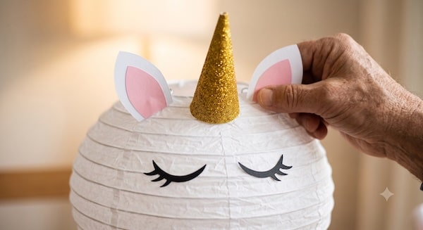 Ohren und geschlossene Wimpern-Augen werden auf den Einhorn-Lampion geklebt