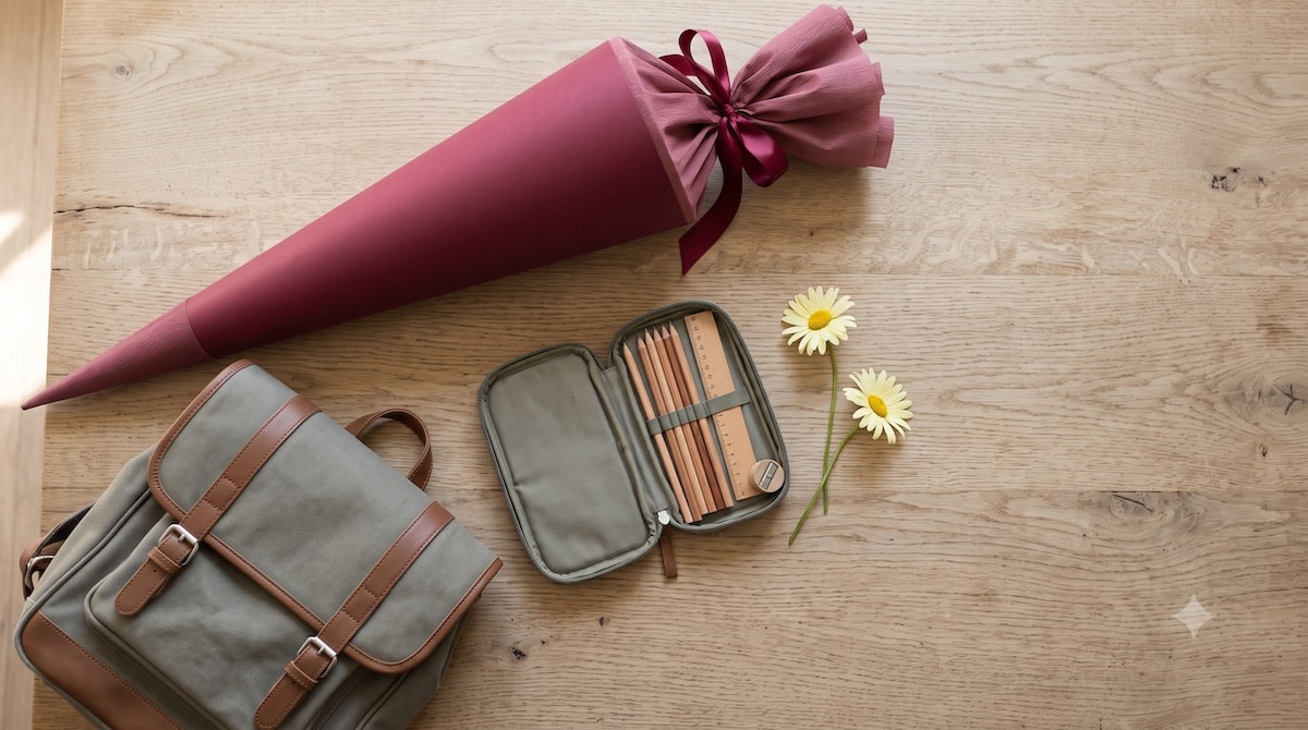 Schultüte, Schulranzen und Federmappe auf einem Holztisch bereitgelegt