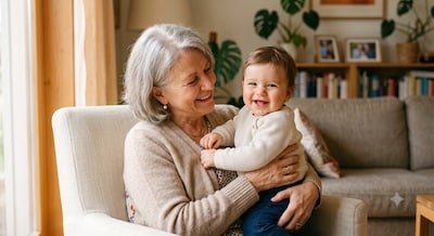 Großmutter hält lächelndes Baby auf dem Arm – Lebensphase Baby und Kleinkind