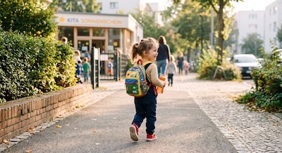 Kindergartenkind mit buntem Rucksack auf dem Weg in die Kita – Lebensphase Kindergartenzeit