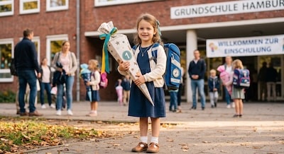 Schulkind mit Schulranzen und Schultüte am ersten Schultag – Lebensphase Schulzeit