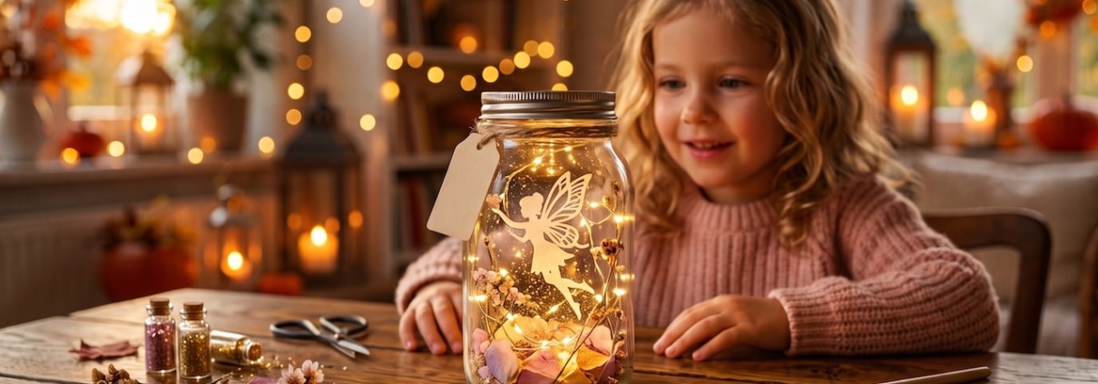 Selbst gebastelte Fee-Laterne im Einmachglas mit leuchtender Lichterkette, Feensilhouette und Blüten, daneben ein Mädchen