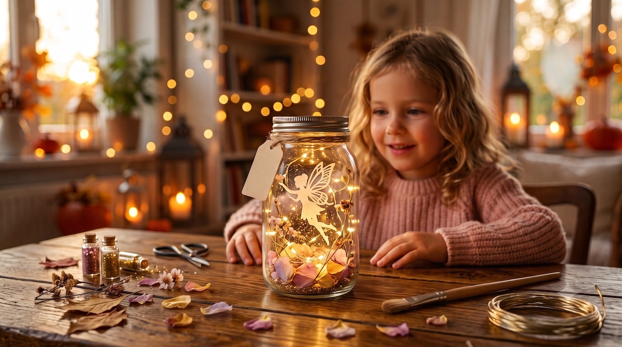 Selbst gebastelte Fee-Laterne im Einmachglas mit leuchtender Lichterkette, Feensilhouette und Blüten, daneben ein Mädchen