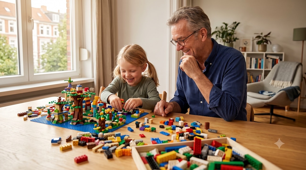 Enkelkind baut frei und fantasievoll mit bunten LEGO-Steinen, Opa schaut freudig zu.