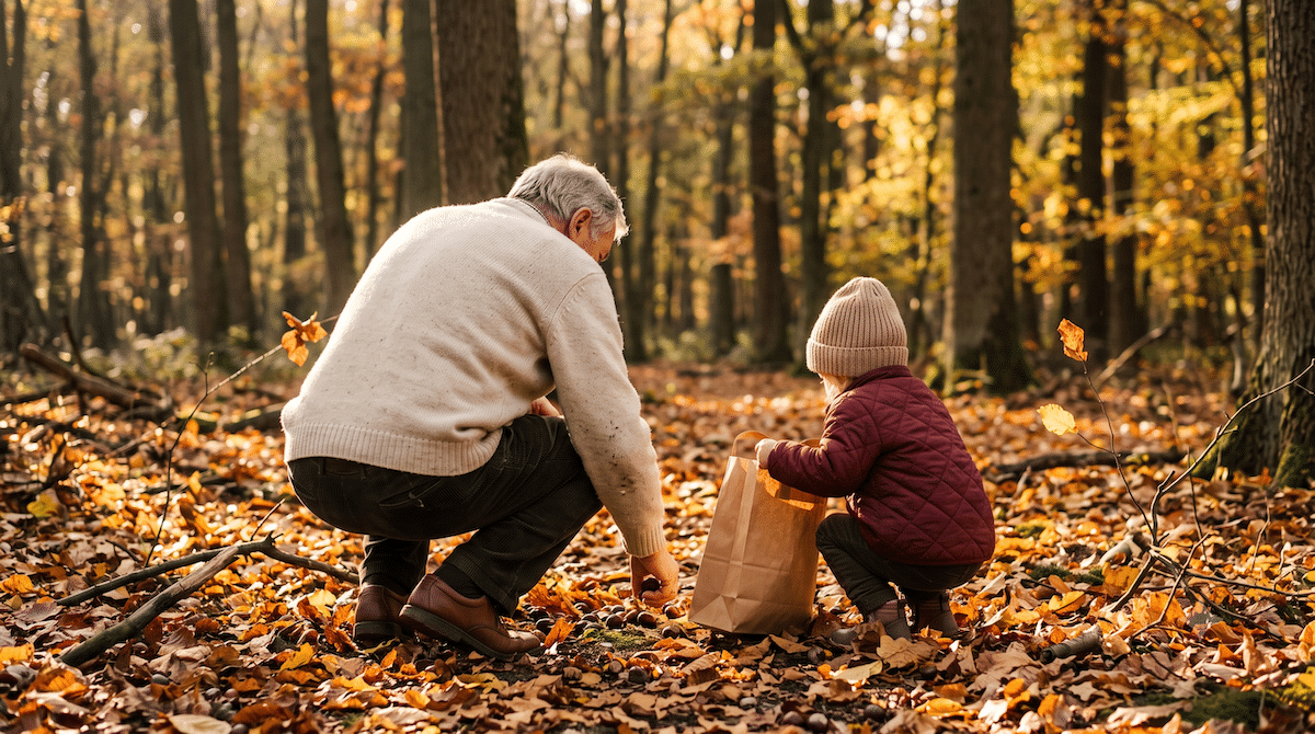 Großvater und Enkel sammeln Kastanien im herbstlichen Wald – bunte Blätter, Sonnenlicht durch die Bäume