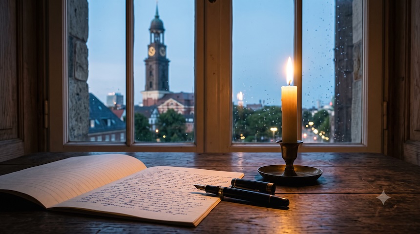 Brennende Kerze auf einem Holztisch neben einem geöffneten Brief und einem Füller in ruhigem Abendlicht