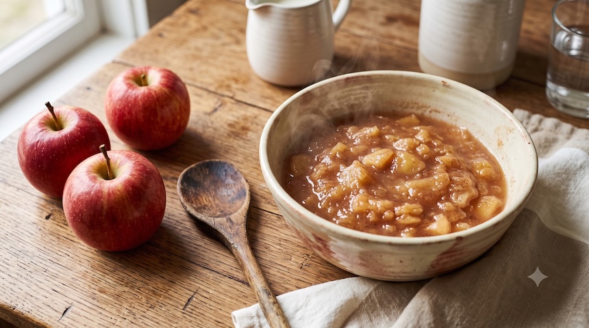 Rustikale Keramikschale mit selbstgemachtem Apfelmus, daneben ganze Äpfel und ein Holzlöffel