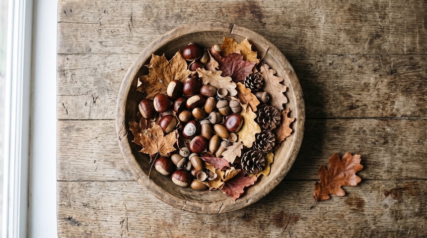 Herbstliche Sammlung in einer Holzschale: Kastanien, Eicheln, bunte Blätter und Zapfen