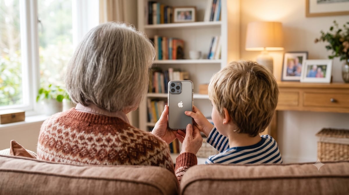 iPhone für Senioren – Seniorin und Enkel schauen gemeinsam auf ein modernes iPhone