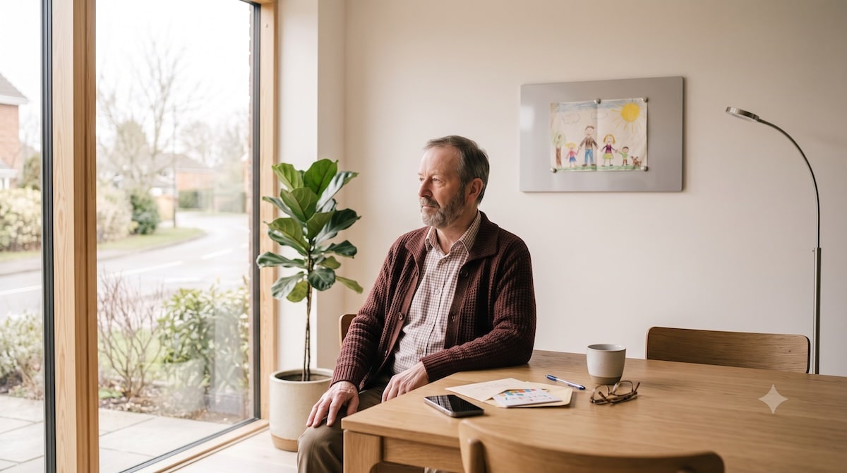 Mann Anfang sechzig sitzt nachdenklich am Fenster einer modernen Wohnung, vor sich eine ungeöffnete Geburtstagskarte – wenn der Kontakt zum Enkelkind abgebrochen ist