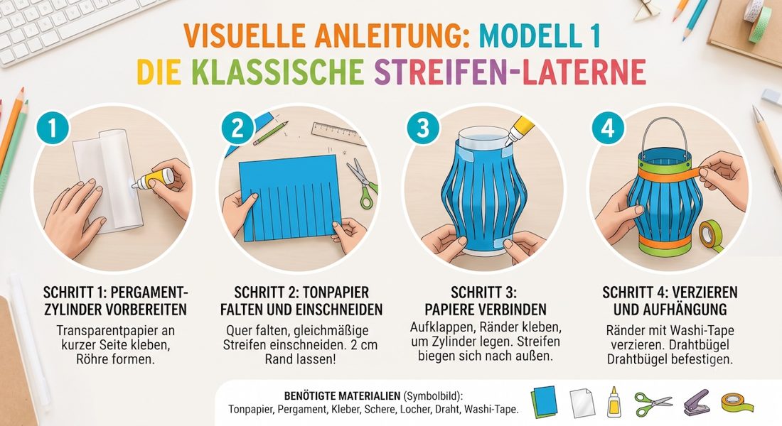 Streifen-Laterne aus Tonpapier basteln – Anleitung in vier Schritten