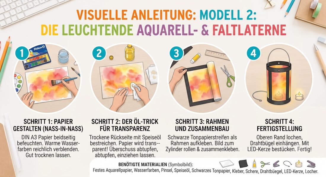 Leuchtende Aquarell- und Faltlaterne basteln – Anleitung in vier Schritten