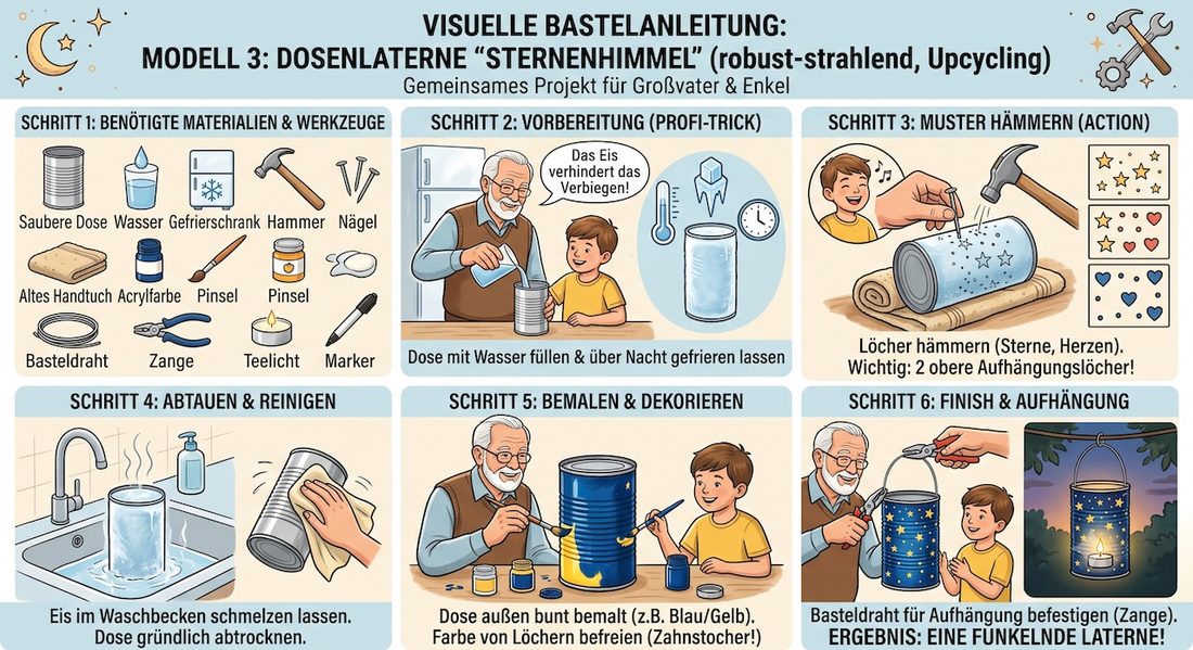 Selbst gebastelte Dosenlaterne mit gehämmertem Sternenhimmel-Muster, bunt bemalt