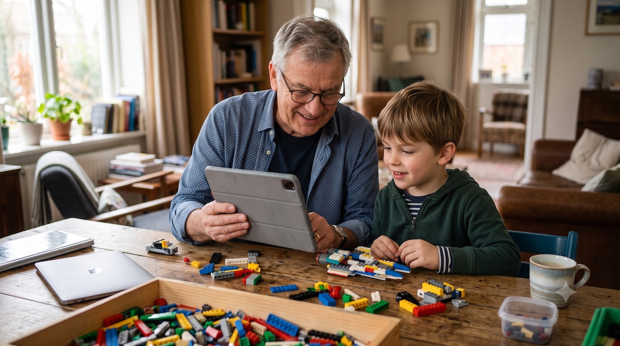 Opa und Enkelkind schauen sich am Tablet eine LEGO-Bauanleitung an, daneben bunte Steine.