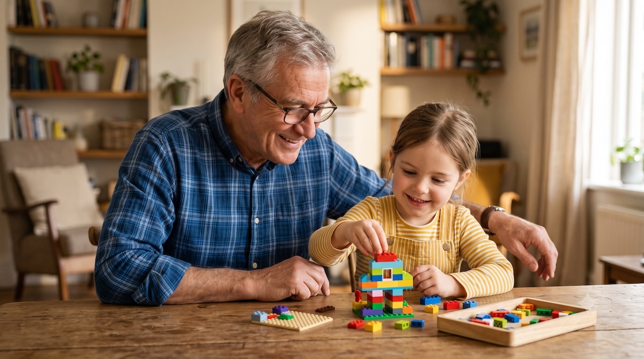 Opa und Enkelkind bauen gemeinsam konzentriert mit bunten LEGO-Steinen am Tisch.