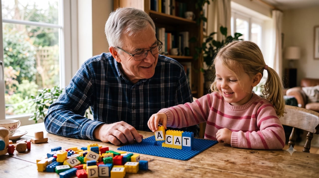 Opa und Enkelkind legen aus LEGO-Steinen mit aufgeklebten Buchstaben ein Wort.