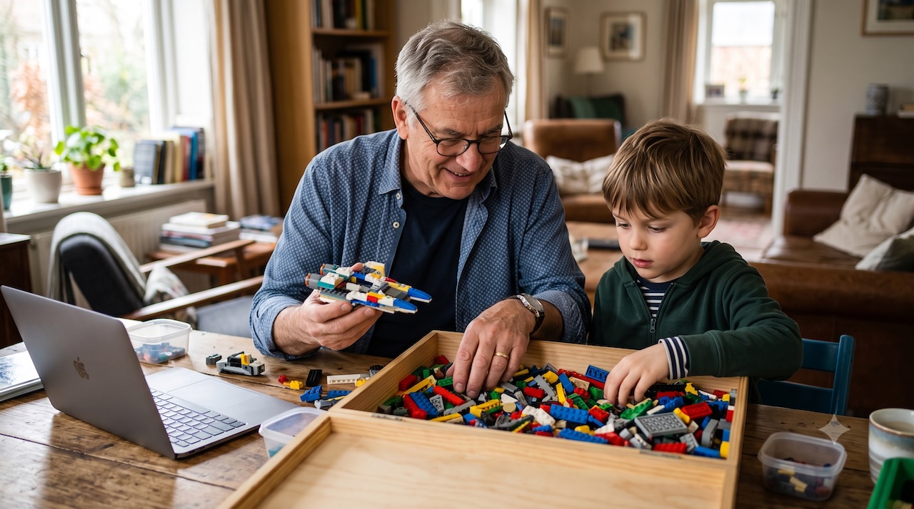 Opa und Enkelkind suchen gemeinsam in einer LEGO-Kiste nach einem fehlenden Bauteil.