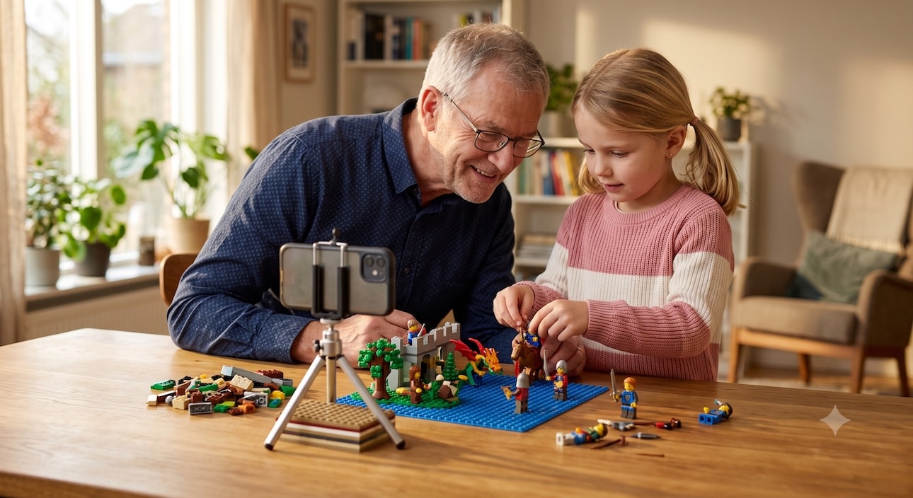 Opa und Enkelkind filmen mit dem Smartphone auf einem Stativ eine LEGO-Szene für einen Stop-Motion-Film.
