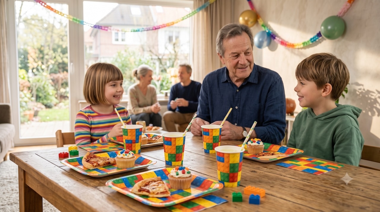 Opa baut mit zwei Enkelkindern bei einer LEGO-Party an einem Tisch voller bunter Bausteine