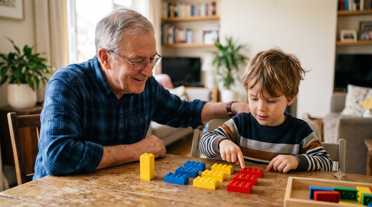 Opa und Enkelkind legen am Tisch mit bunten LEGO-Steinen einfache Rechenaufgaben.