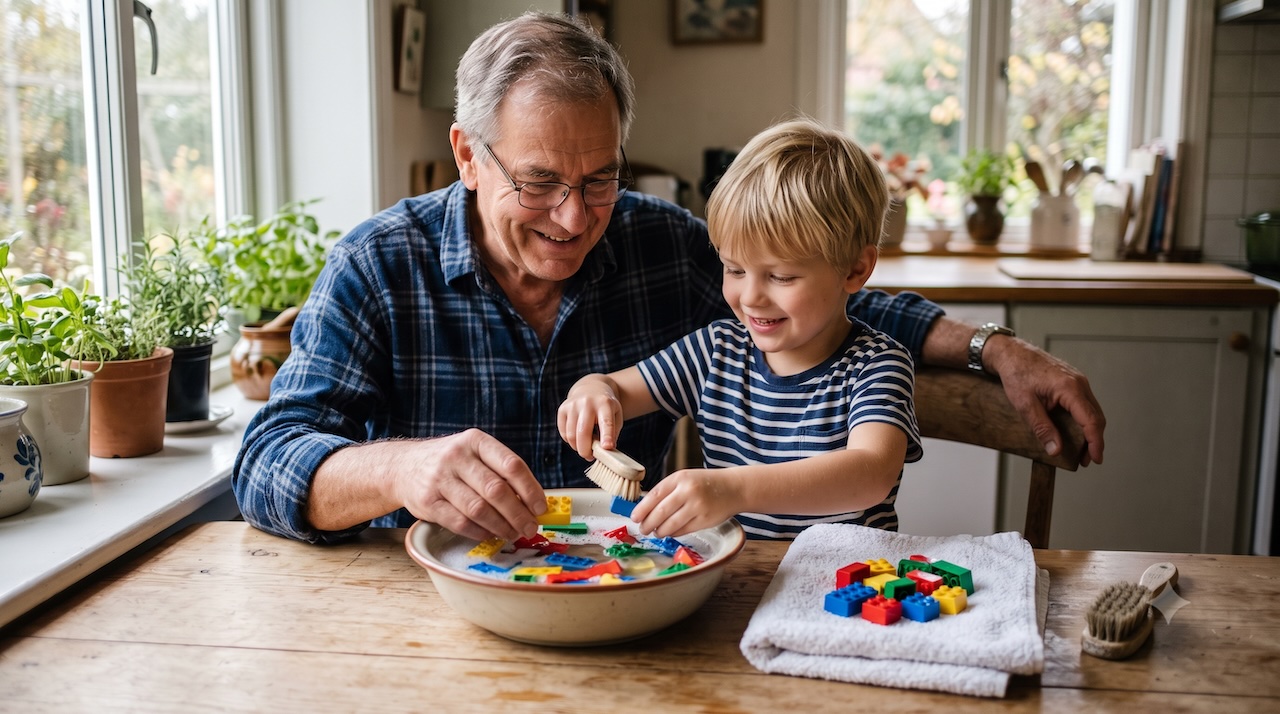 Opa und Enkelkind reinigen gemeinsam bunte LEGO-Steine in einer Schüssel mit mildem Seifenwasser am Küchentisch.