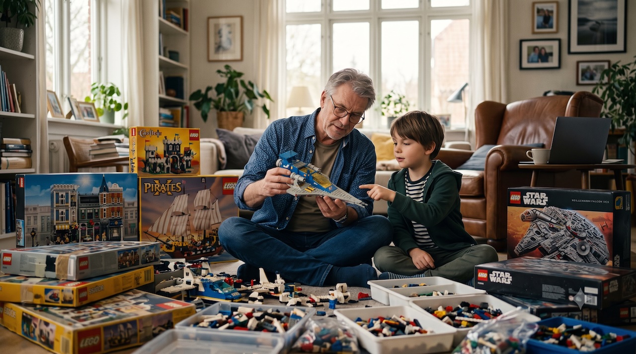 Opa und Enkelkind begutachten gemeinsam ältere LEGO-Sets, um ihren Wert einzuschätzen.