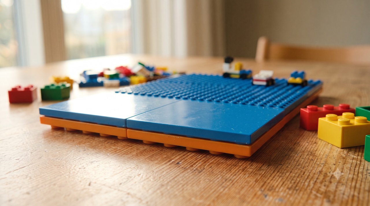 Zwei festsitzende bunte LEGO-Platten liegen auf einem Holztisch, daneben ein paar lose Steine.
