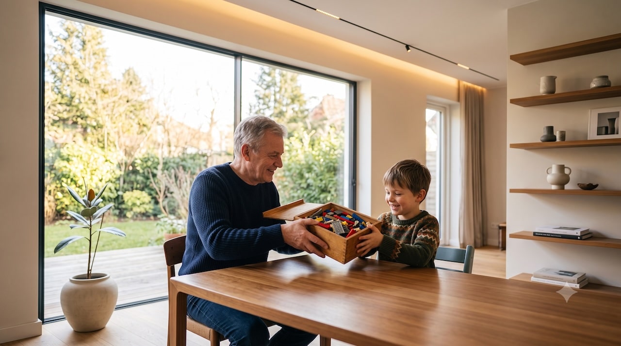 Opa übergibt seinem Enkelkind eine Kiste mit gut erhaltenen alten LEGO-Steinen.