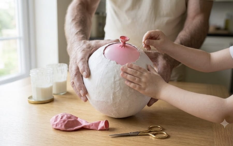 Der getrocknete Pappmaschee-Ball wird mit einer Nadel angestochen, der rosa Ballon schrumpft in der oberen Öffnung zusammen