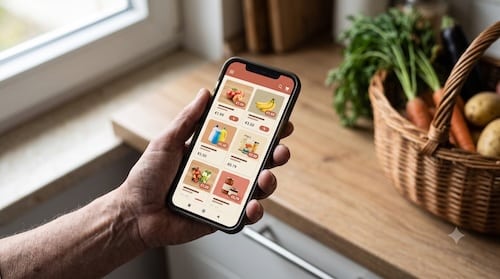 Ältere Hand hält Smartphone mit einer Prospekte- und Angebote-App in einer sonnigen Küche