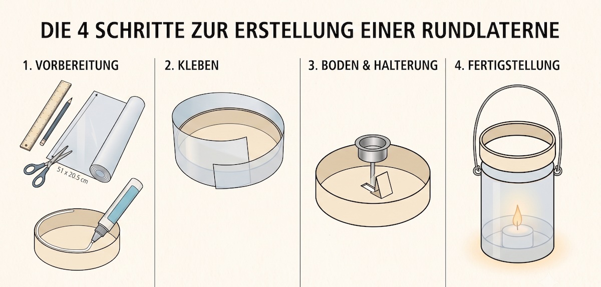 Infografik: Die 4 Schritte zur Rundlaterne – Vorbereitung, Kleben, Boden und Halterung, Fertigstellung