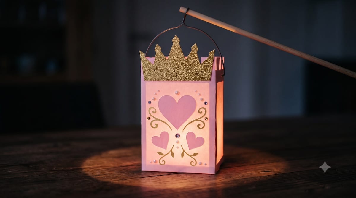 Selbst gebastelte Schloss-Laterne in Rosa und Gold: Der Papierkorpus leuchtet warm von innen, oben sitzt eine goldene Zackenkrone, auf der Vorderseite kleben rosa Herzen, goldene Schnörkel und kleine Perlen