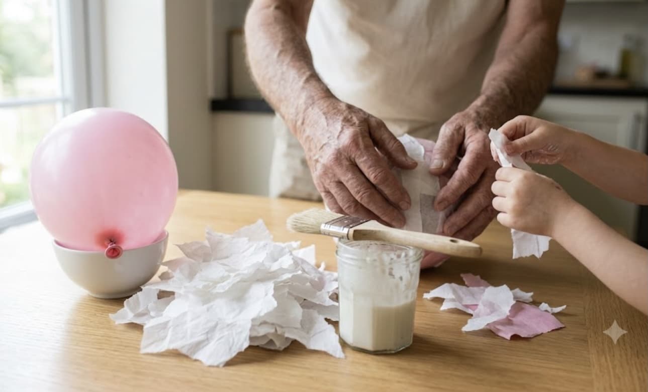 Opa und Enkelkind kleistern Schicht für Schicht weißes Seidenpapier auf einen rosa Luftballon, daneben Pinsel und Kleisterglas
