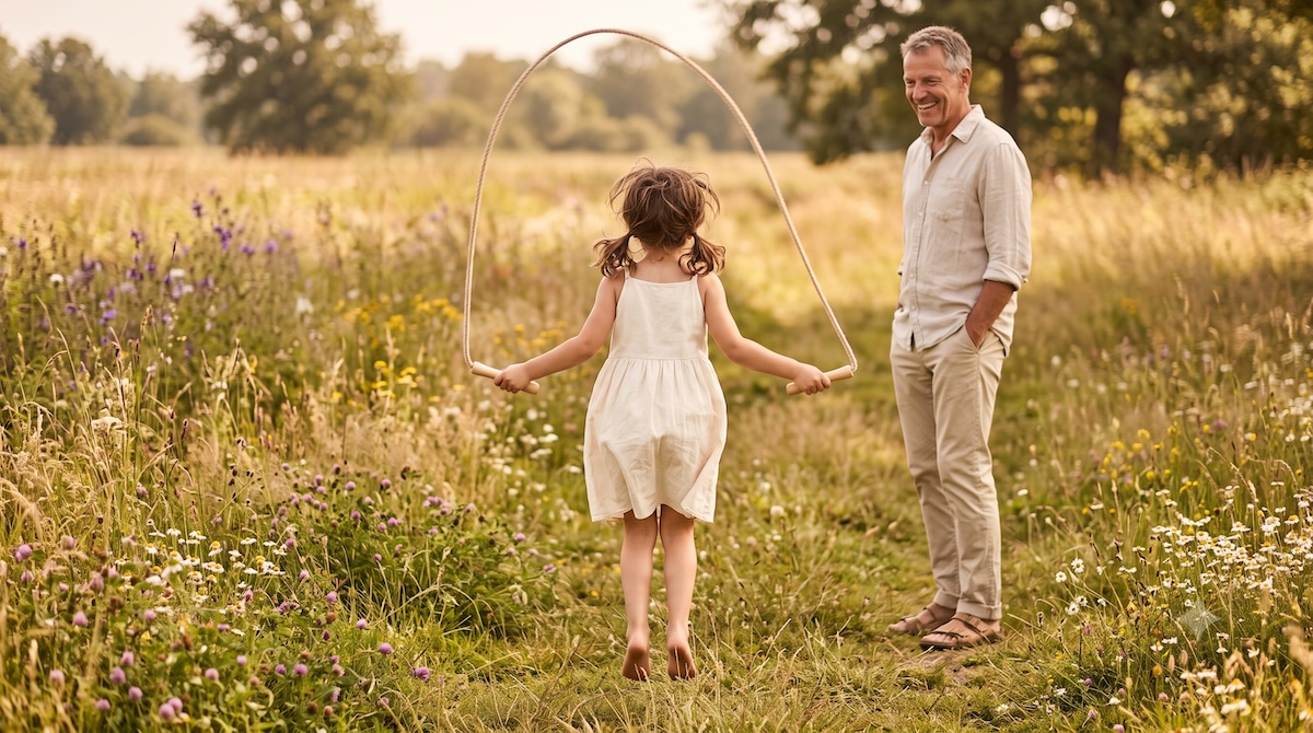 Kind springt im Sommer allein Seil in einer sonnigen Wiese, Großvater steht im Hintergrund und schaut lächelnd zu