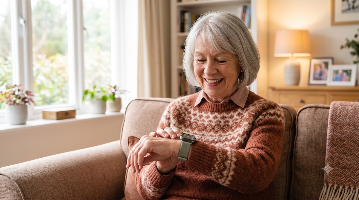 Smartwatch für Senioren – ältere Frau schaut lächelnd auf ihre Smartwatch mit großer Anzeige